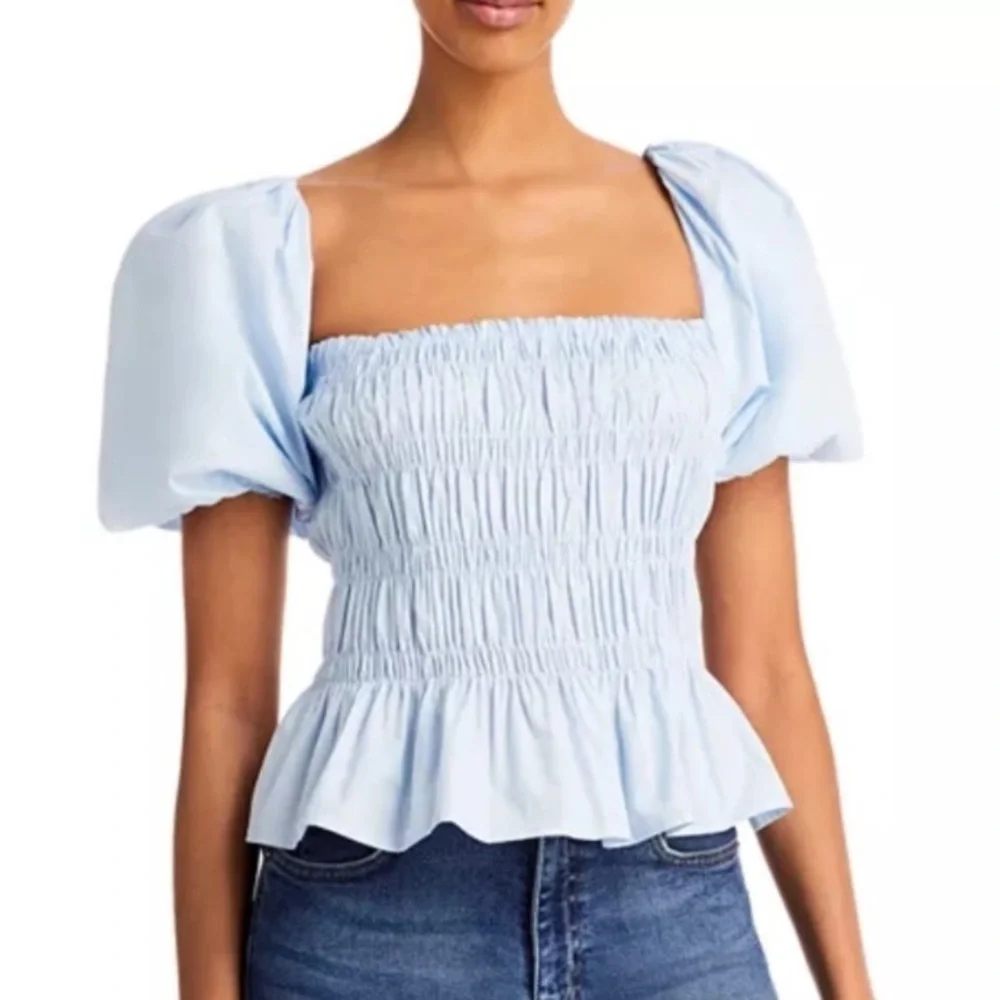 Astr Sky Blue Smocked Blouse with Puff Sleeves